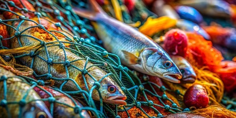 Macro Close-up of Fishing Net with Variety of Small Fish and Debris