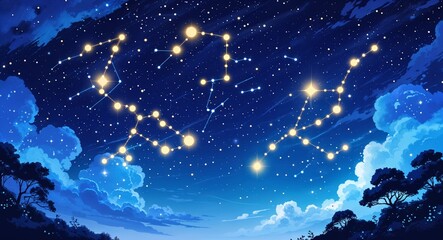 starfilled sky with glowing constellations against a soft blue gradient in blue illustration backgro