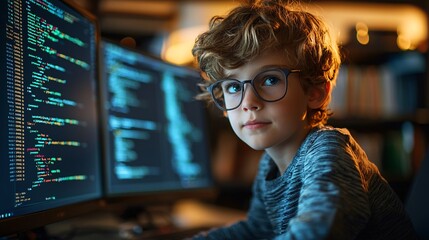 Aufkleber - Intro to programming illustrated with a child learning through a gamified coding app Stock Photo with side copy space