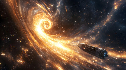 A dramatic image of a rocket ship traveling through a galaxy, with streaks of light bending as it moves through the fabric of space-time 