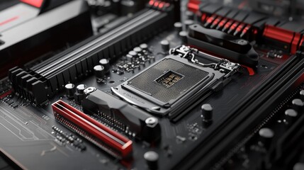 Poster - Close up view of a modern computer motherboard, highlighting the cpu socket and surrounding components, showcasing the intricate design and advanced technology of computer hardware