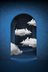 abstract dark blue surreal 3d render with white clouds. arch corridor indigo blue background concept