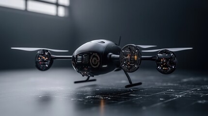 Poster - Futuristic Drone Design in Low Light Environment with Advanced Technology Features and Sleek Aesthetics, Perfect for Innovative Concepts and Technology Visuals