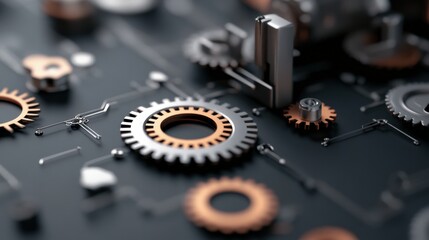 Poster - Intricate Close-Up of Metallic Gears and Mechanical Components on a Dark Background, Showcasing the Beauty of Industrial Design and Engineering Details
