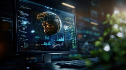 Leinwandbilder - Futuristic Computer Monitor Displaying Global Data and Statistics with Earth Visualization in a High-Tech Environment