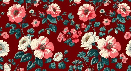 Sticker - Vintage floral print pattern background in red pattern background