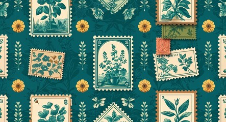 Sticker - Vintage stamp pattern background in teal pattern background