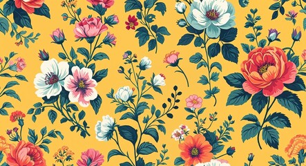 Sticker - Vintageinspired patterns with delicate florals and rich saturated colors in yellow illustration background