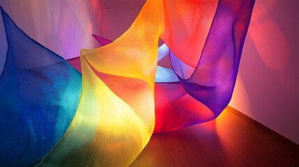 Poster - Vibrant colorful fabric art installation gallery space abstract photography indoor environment close-up view visual concept