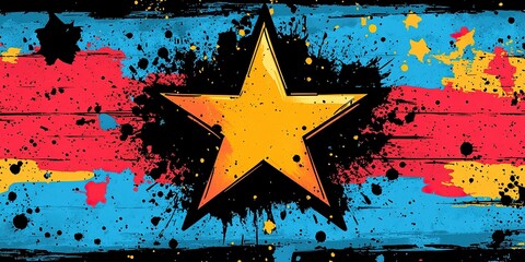 Poster - Colorful star design with vibrant splashes of blue, red, and yellow on a textured background
