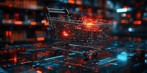 Poster - Digital shopping cart in a futuristic online retail environment with glowing data