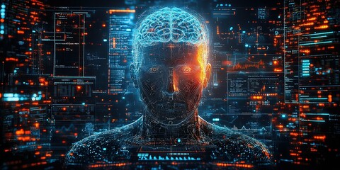 Poster - Digital representation of a human-like figure with glowing brain and data patterns in a futuristic environment