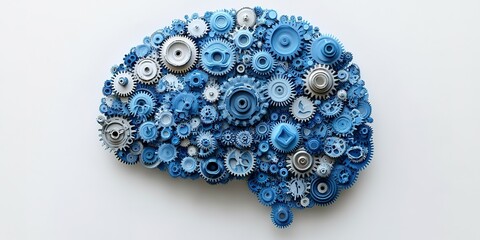 Poster - Representation of a human brain composed of intricate blue gears illustrating cognitive processes and mechanics of thought