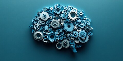 Poster - Intricate blue mechanical brain design made of gears and cogs on a solid background