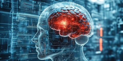 Poster - Human brain with glowing neural connections against a digital background showcasing advanced technology and data visualization