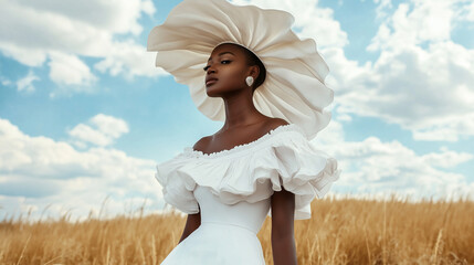 an elegant portrait of a black woman in a flowing white dress stands confidently in a golden field u