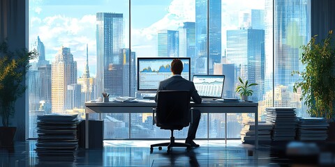 Poster - Business professional working at modern office with city skyline view during daylight hours
