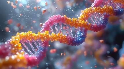 Aufkleber - Colorful DNA double helix structure in motion, with particles and bokeh effect.