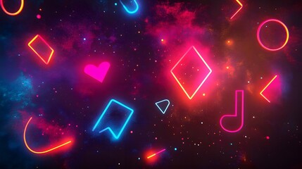 Poster - Vibrant neon shapes dance across cosmic backgrounds digital art colorful environment abstract viewpoint creative concepts