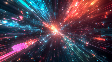 Poster - Colorful Light Rays Burst Through Space, Creating Dynamic Patterns and Vibrant Energy, Representing Motion and Pulsating Vibes