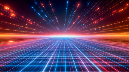Poster - Vibrant Abstract Background with Colorful Lights, Grids, and Radiating Lines for Futuristic Design and Technology Concepts