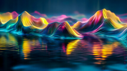 Poster - Vibrant Abstract Landscape with Colorful Peaks Reflecting in Calm Water at Night