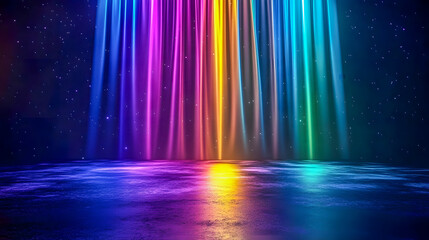 Poster - Colorful Light Beams Illuminating Dark Space with Reflection on Water Surface and Starry Background