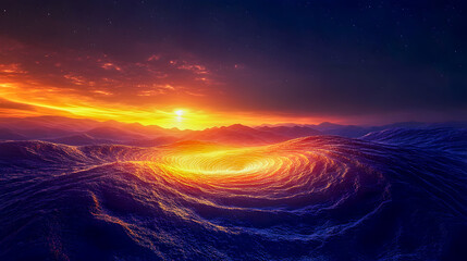 Poster - Serene Sunrise Over a Whirling Ocean Waves with Dramatic Sky and Mountains in the Background