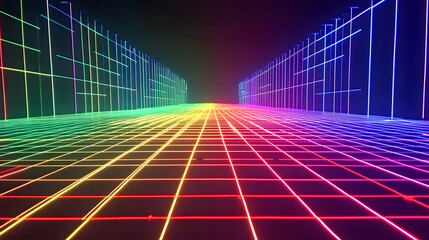 Poster - Futuristic Abstract Landscape with Vibrant Neon Lines and Grid Pattern Leading to a Mysterious Horizon in Digital Space
