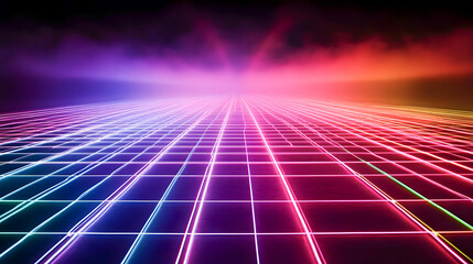 Poster - Futuristic neon landscape with vibrant colors and grid pattern creating a captivating digital horizon and atmospheric glow