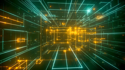 Poster - Futuristic Abstract Digital Background with Neon Lines and Glowing Shapes in 3D Space Perfect for Technology and Science Themes