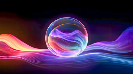 Poster - Colorful Abstract Light Waves and Sphere on Dark Background with Dynamic Flowing Lines and Vibrant Energy Patterns