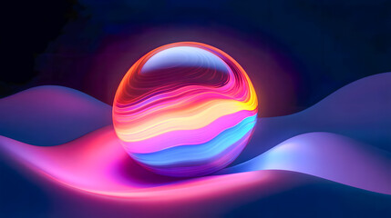 Poster - Colorful abstract sphere surrounded by flowing waves in vibrant shades of pink, blue, and orange against a dark background