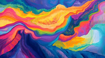Poster - Vibrant abstract landscape artwork colorful mountain scene digital painting imaginative environment wide angle view