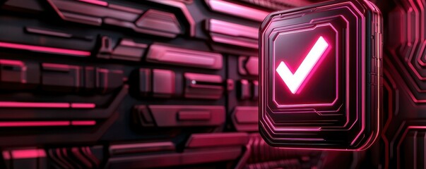 Poster - A vibrant, digital background featuring a glowing pink checkmark, symbolizing completion and success within a high-tech environment.