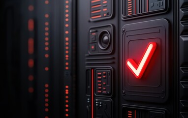 Poster - A close-up view of a dark, high-tech panel featuring glowing red lights and a prominent checkmark symbol.