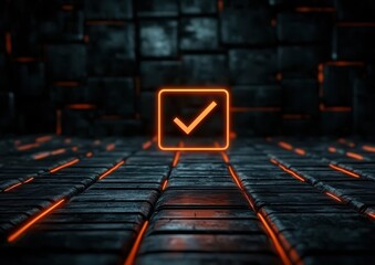 Poster - A glowing orange checkmark icon against a dark, textured background, symbolizing confirmation or approval in a digital environment.