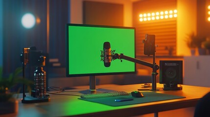 Poster - A modern workspace with a green screen setup for content creation and streaming.