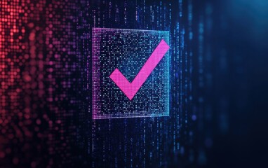 Poster - A glowing pink checkmark inside a digital grid, symbolizing verification and approval against a backdrop of vibrant binary data.