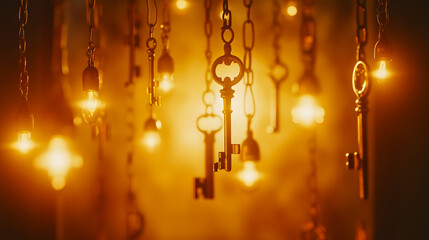 Poster - Golden Keys Illuminated by Soft Light in a Magical Atmosphere Evoking Mystery and Charm