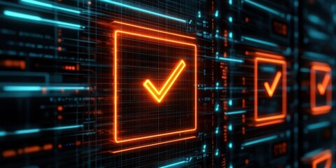 Poster - An abstract digital background featuring glowing checkmarks in orange and blue, symbolizing approval and progress in technology and data verification.