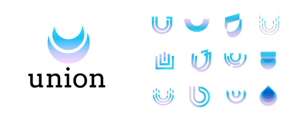 Aufkleber - Modern gradient logos with blue and purple hues symbolizing unity, innovation, collaboration. Logo set for branding, tech companies, or community organizations. Abstract Letter U. Vector symbol