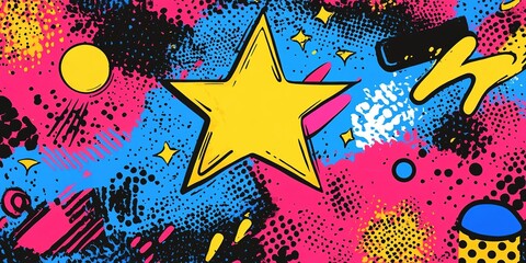 Poster - Bright and colorful abstract design featuring a large yellow star on a vibrant background with various playful shapes and patterns
