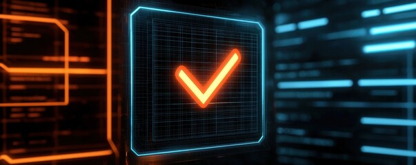 Poster - A glowing checkmark on a digital interface, symbolizing approval or success in a modern, tech-inspired environment.
