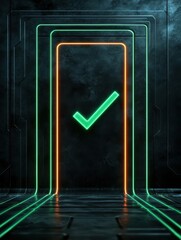 Poster - A glowing doorway with neon outlines and a check mark symbol, suggesting success and access in a futuristic setting.