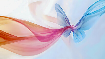 Poster - Colorful abstract butterfly created from flowing silk fabric in vibrant shades of orange, pink, and blue illustrating transformation and beauty