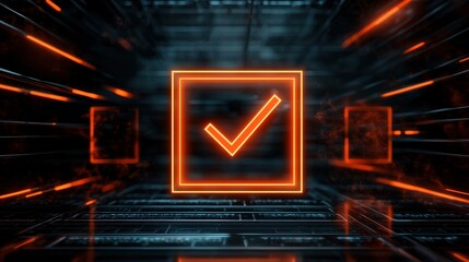 Poster - A glowing checkmark inside a neon square, set against a futuristic, dark background, symbolizes approval and confirmation in a digital environment.