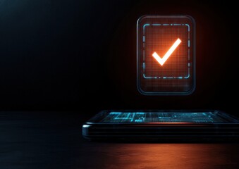 Poster - A glowing checkmark hovers above a sleek device, symbolizing validation and success in a modern digital context.