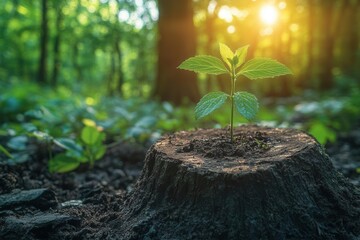 Wall Mural - symbol of nature's resilience young green sapling growing from weathered tree stump in forest settin