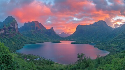 Canvas Print - Panoramic view of a serene lagoon at sunset, nestled amidst lush green mountains, with vibrant pink and orange hues in the sky.